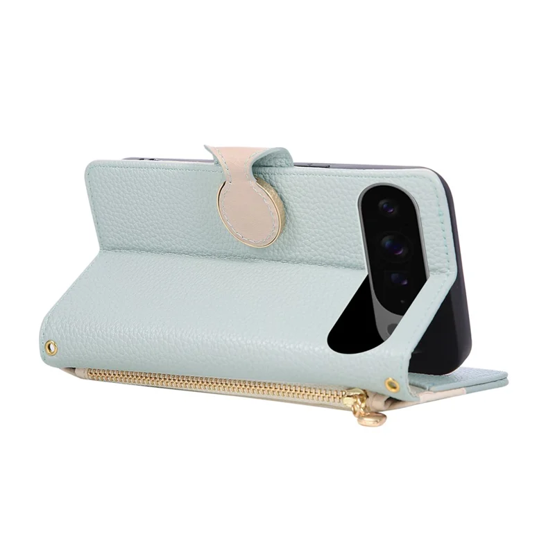 Flip-Case für Google Pixel 10 Pro XL mit Reißverschluss-Wallet, Farbverbindung aus TPU und PU-Leder, mit Strap - Grün