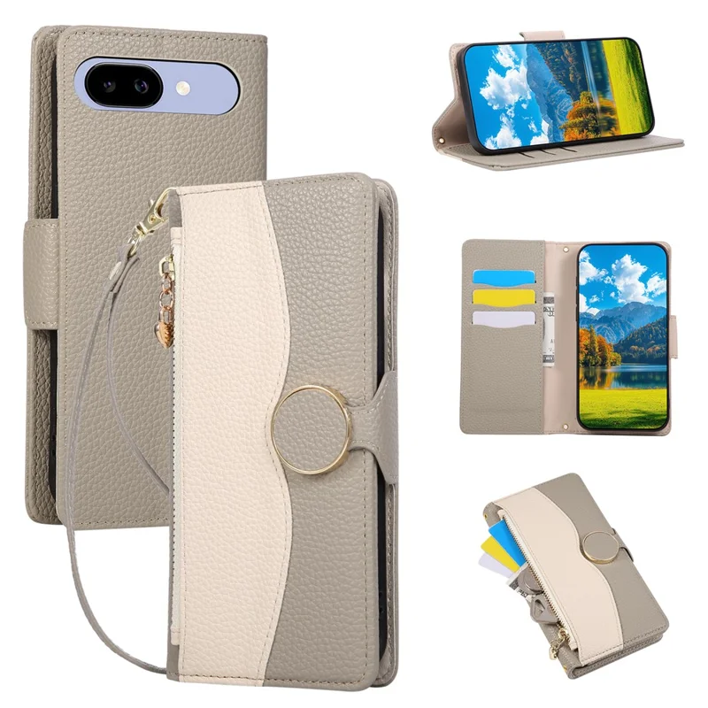 For Google Pixel 9a Case Zipper Wallet Color Splicing TPU PU Leather Flip Phone Cover with Strap - Grey