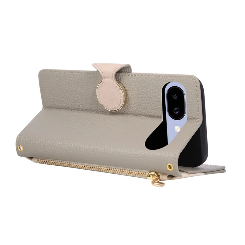For Google Pixel 9a Case Zipper Wallet Color Splicing TPU PU Leather Flip Phone Cover with Strap - Grey