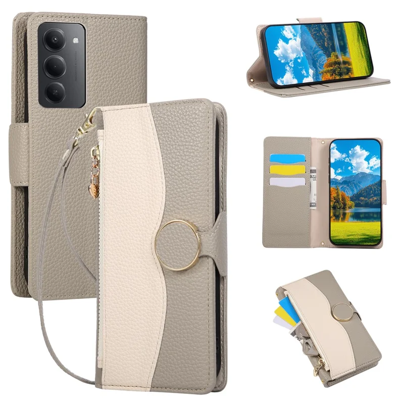 Telefoonhoesje voor Xiaomi Redmi 15 4G (EU) (171 mm) / 15 5G (EU) (171 mm) met rits, portemonnee, kleurcombinatie, TPU, PU-leer, oprolbaar hoesje met riem - Grijs