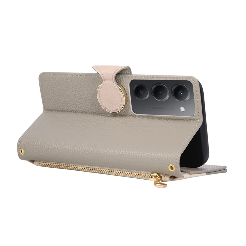 Telefoonhoesje voor Xiaomi Redmi 15 4G (EU) (171 mm) / 15 5G (EU) (171 mm) met rits, portemonnee, kleurcombinatie, TPU, PU-leer, oprolbaar hoesje met riem - Grijs