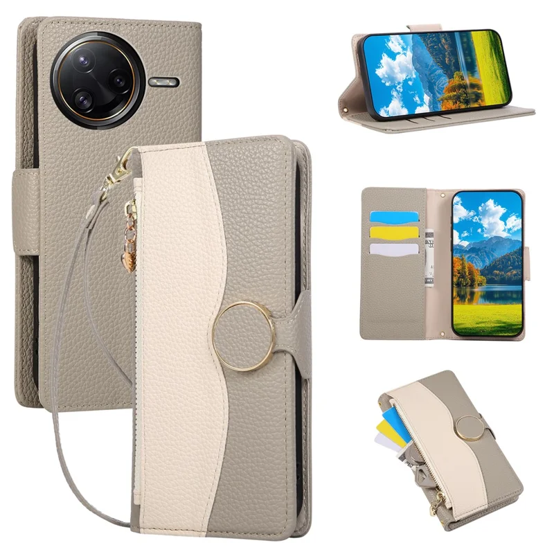 Cover con Portafoglio con Cerniera per Xiaomi Redmi Note 14 5G, Custodia Pieghevole in PU e TPU con Tracolla, Colori Combinati - Grigio