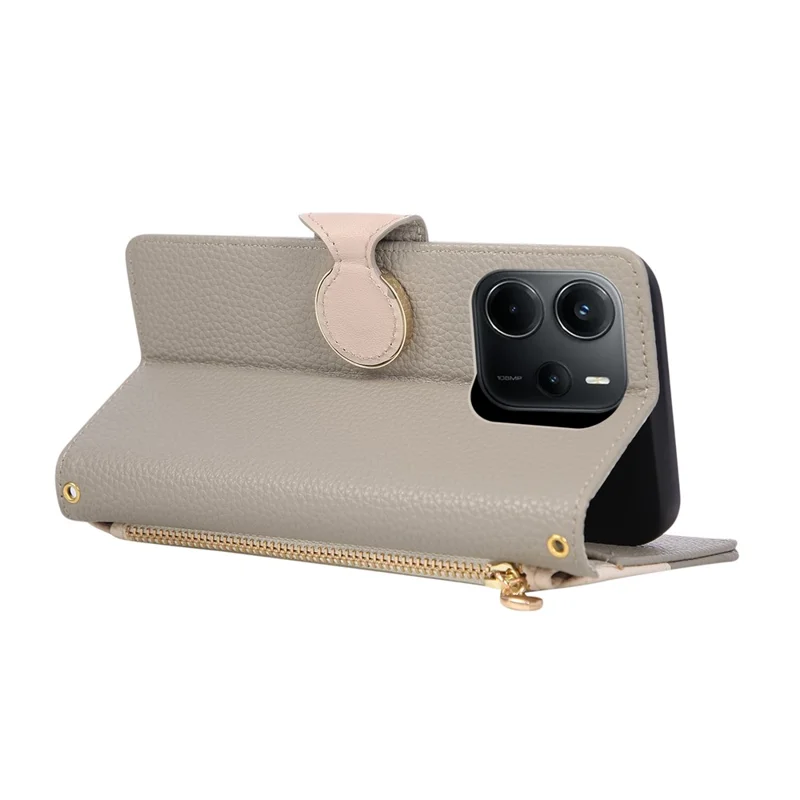 Cover con Portafoglio con Cerniera per Xiaomi Redmi Note 14 5G, Custodia Pieghevole in PU e TPU con Tracolla, Colori Combinati - Grigio