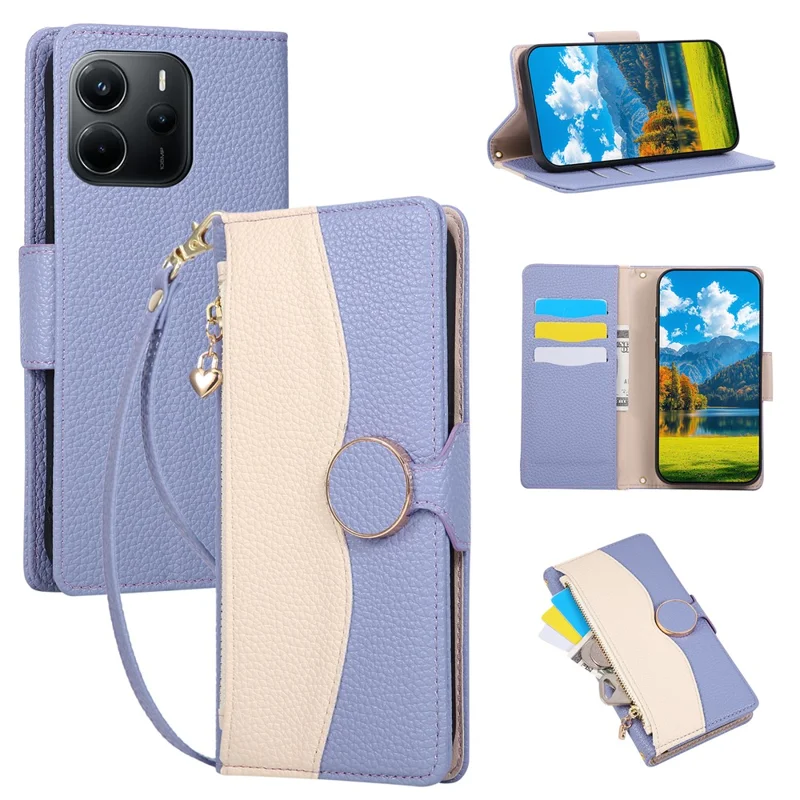 For Xiaomi Redmi Note 14 5G Case Zipper Wallet Color Splicing TPU PU Leather Flip Phone Cover with Strap - Purple