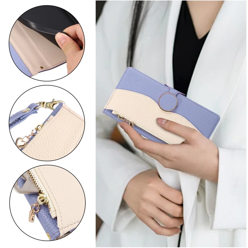 For Xiaomi Redmi Note 14 5G Case Zipper Wallet Color Splicing TPU PU Leather Flip Phone Cover with Strap - Purple