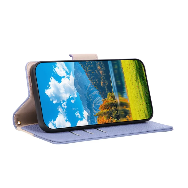 For Xiaomi Redmi Note 14 5G Case Zipper Wallet Color Splicing TPU PU Leather Flip Phone Cover with Strap - Purple