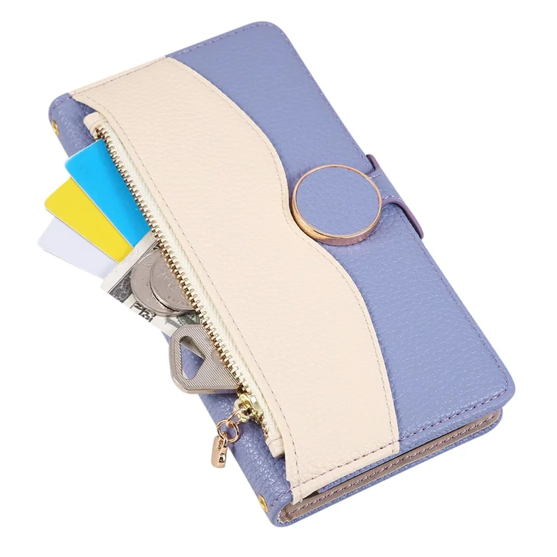 For Xiaomi Redmi Note 14 5G Case Zipper Wallet Color Splicing TPU PU Leather Flip Phone Cover with Strap - Purple