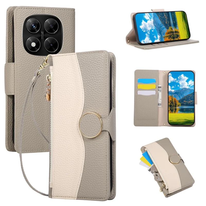 For Xiaomi Redmi Note 14 Pro+ 5G Case Zipper Wallet Color Splicing TPU PU Leather Flip Phone Cover with Strap - Grey