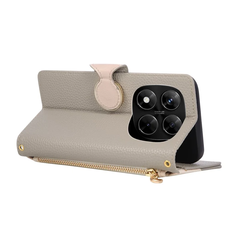 For Xiaomi Redmi Note 14 Pro+ 5G Case Zipper Wallet Color Splicing TPU PU Leather Flip Phone Cover with Strap - Grey