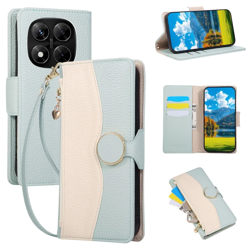 For Xiaomi Redmi Note 14 Pro+ 5G Case Zipper Wallet Color Splicing TPU PU Leather Flip Phone Cover with Strap - Green
