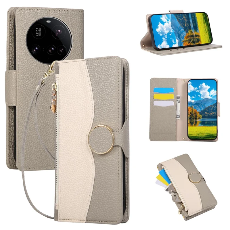 For Xiaomi 15 Ultra Case Zipper Wallet Color Splicing TPU PU Leather Flip Phone Cover with Strap - Grey
