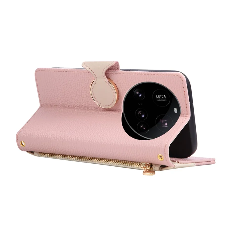 For Xiaomi 15 Ultra Case Zipper Wallet Color Splicing TPU PU Leather Flip Phone Cover with Strap - Pink