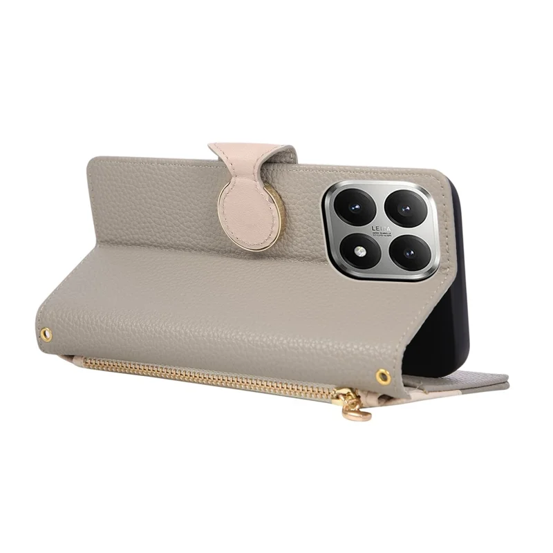 For Xiaomi 15T Case Zipper Wallet Color Splicing TPU PU Leather Flip Phone Cover with Strap - Grey