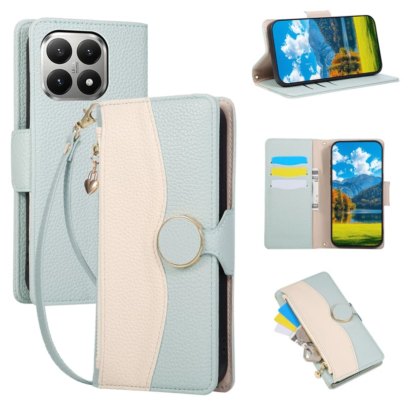 For Xiaomi 15T Case Zipper Wallet Color Splicing TPU PU Leather Flip Phone Cover with Strap - Green