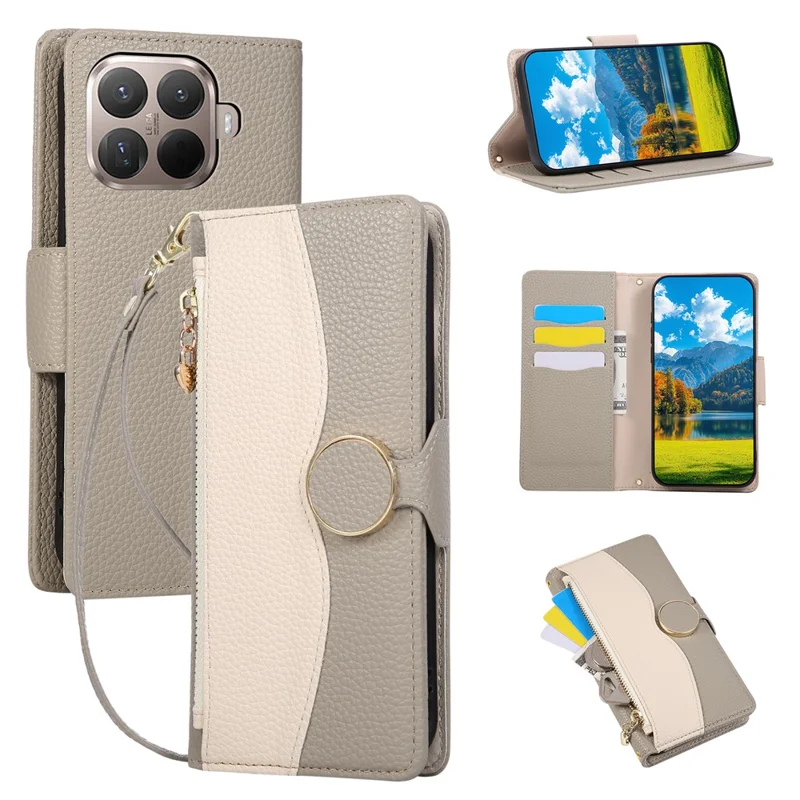 For Xiaomi 15T Pro Case Zipper Wallet Color Splicing TPU PU Leather Flip Phone Cover with Strap - Grey