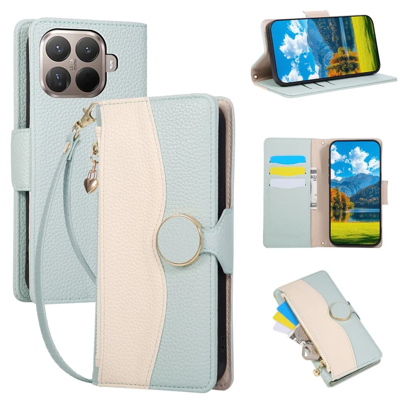 For Xiaomi 15T Pro Case Zipper Wallet Color Splicing TPU PU Leather Flip Phone Cover with Strap - Green