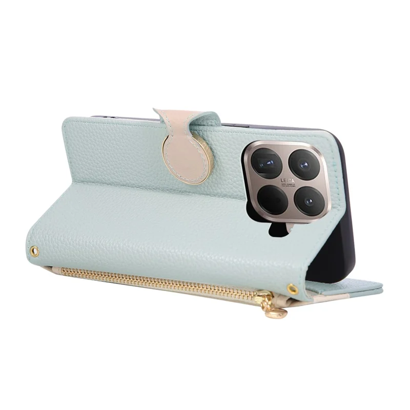 For Xiaomi 15T Pro Case Zipper Wallet Color Splicing TPU PU Leather Flip Phone Cover with Strap - Green