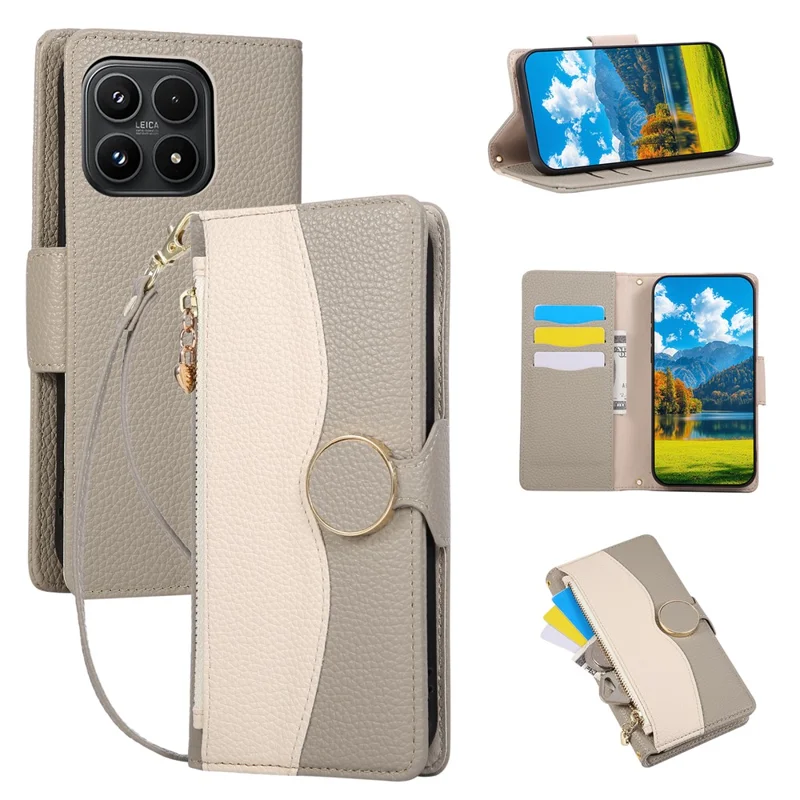 Voor Xiaomi 17 Hoesje Rits Portemonnee Kleur Samengevoegd TPU PU Leren Flip Hoesje met Bandje - Grijs