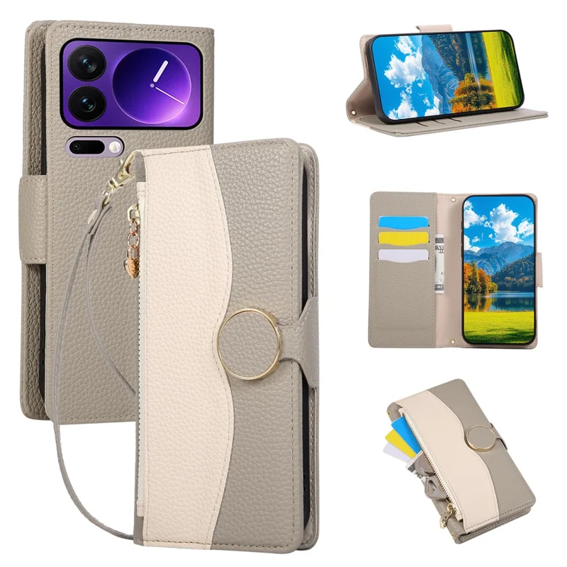 For Xiaomi 17 Pro Case Zipper Wallet Color Splicing TPU PU Leather Flip Phone Cover with Strap - Grey