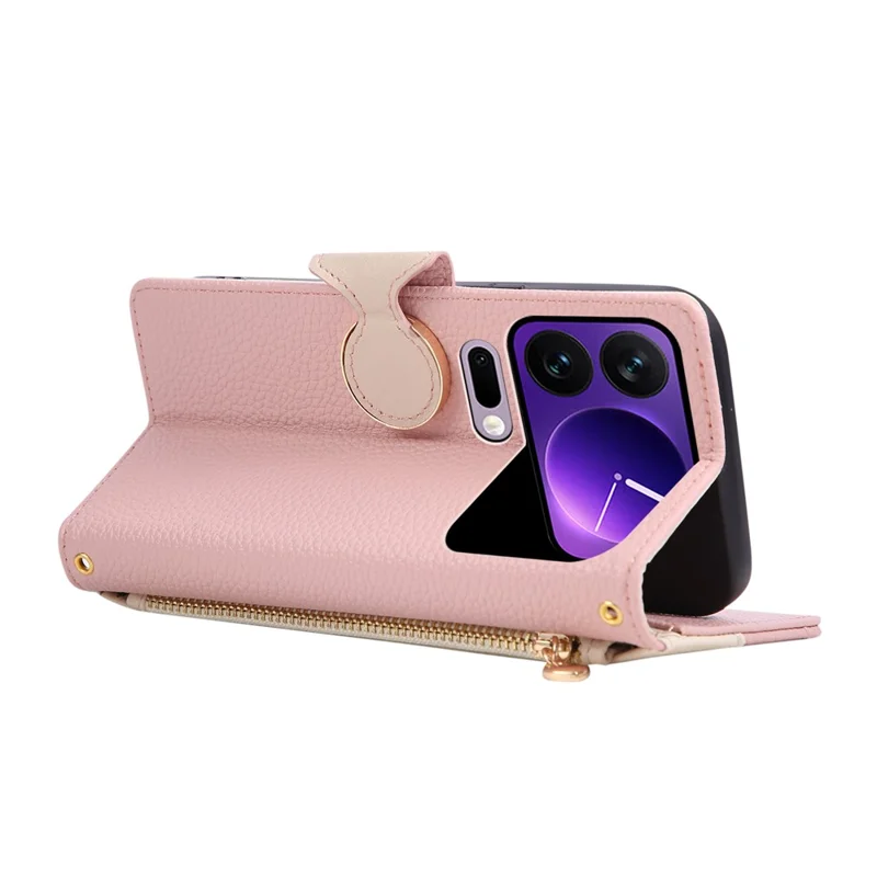 Flip Case til Xiaomi 17 Pro med lynlåst wallet, farvesammenstilling i TPU og PU læder med bæresnor - Lyserød