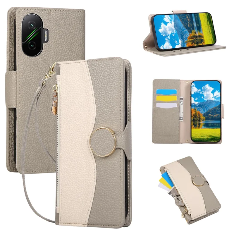 Phone Case For Xiaomi Redmi Turbo 4 Pro 5G  /  Poco F7 5G Zipper Wallet Color Splicing TPU PU Leather Flip Phone Cover with Strap - Grey