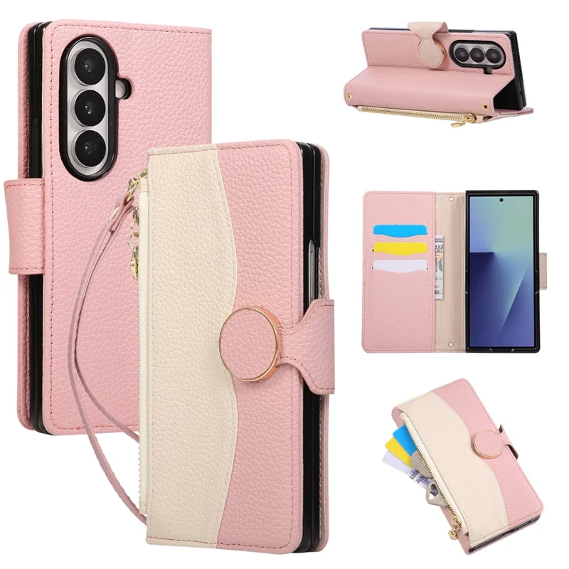 For Samsung Galaxy Z Fold7 5G Case Zipper Wallet Color Splicing TPU PU Leather Flip Phone Cover with Strap - Pink