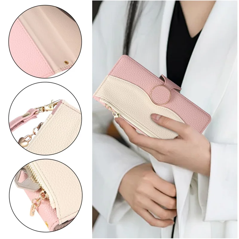 For Samsung Galaxy Z Fold7 5G Case Zipper Wallet Color Splicing TPU PU Leather Flip Phone Cover with Strap - Pink