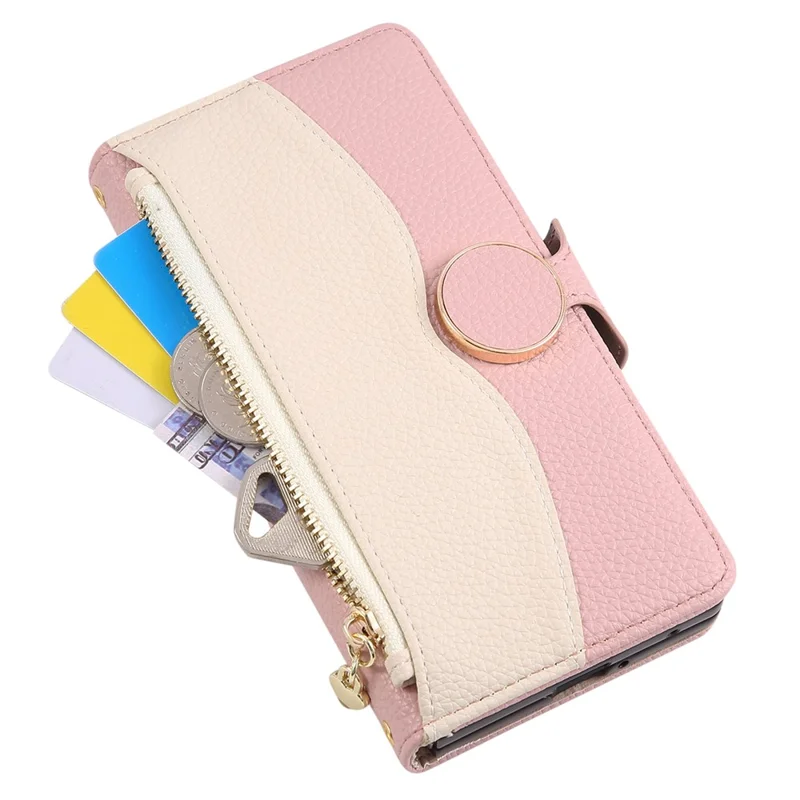 For Samsung Galaxy Z Fold7 5G Case Zipper Wallet Color Splicing TPU PU Leather Flip Phone Cover with Strap - Pink