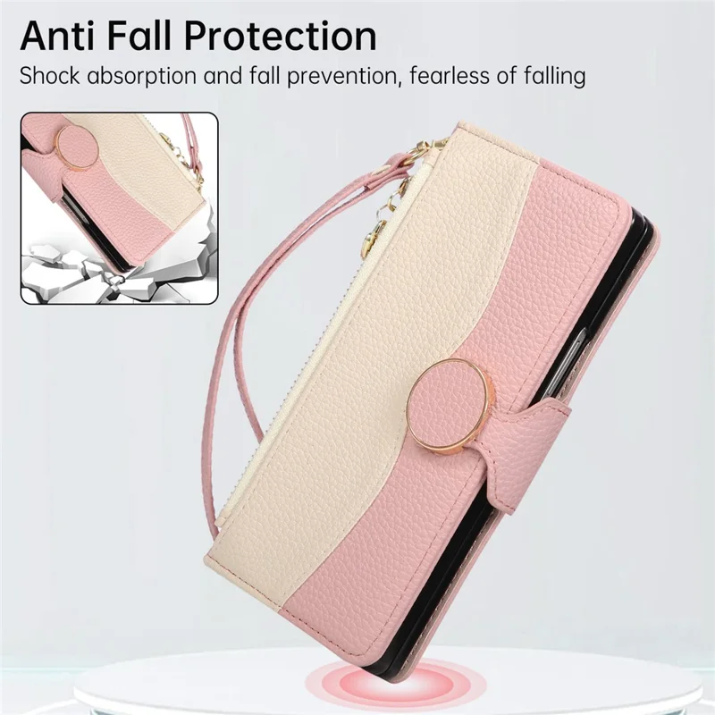 For Samsung Galaxy Z Fold7 5G Case Zipper Wallet Color Splicing TPU PU Leather Flip Phone Cover with Strap - Pink