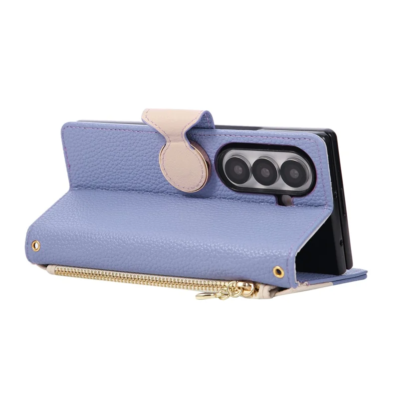 حالة سامسونج جالكسي Z Fold7 5G محفظة سحاب بتصميم ألوان متقاطعة من مادة TPU وجلد PU قابل للطي مع حزام - أرجواني