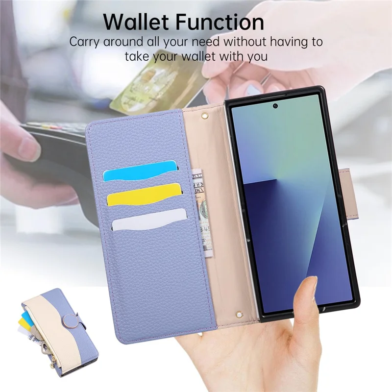 حالة سامسونج جالكسي Z Fold7 5G محفظة سحاب بتصميم ألوان متقاطعة من مادة TPU وجلد PU قابل للطي مع حزام - أرجواني