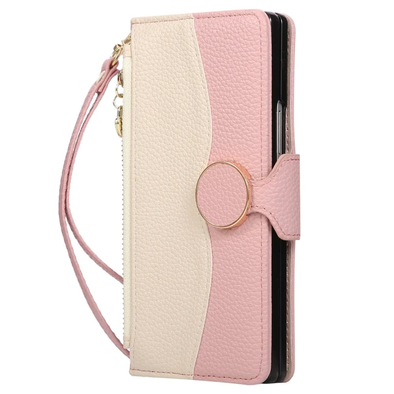 For Samsung Galaxy Z Fold6 5G Case Zipper Wallet Color Splicing TPU PU Leather Flip Phone Cover with Strap - Pink