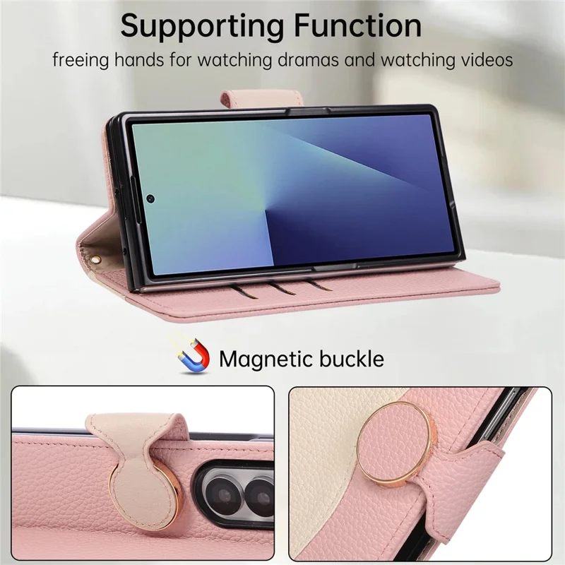 For Samsung Galaxy Z Fold6 5G Case Zipper Wallet Color Splicing TPU PU Leather Flip Phone Cover with Strap - Pink