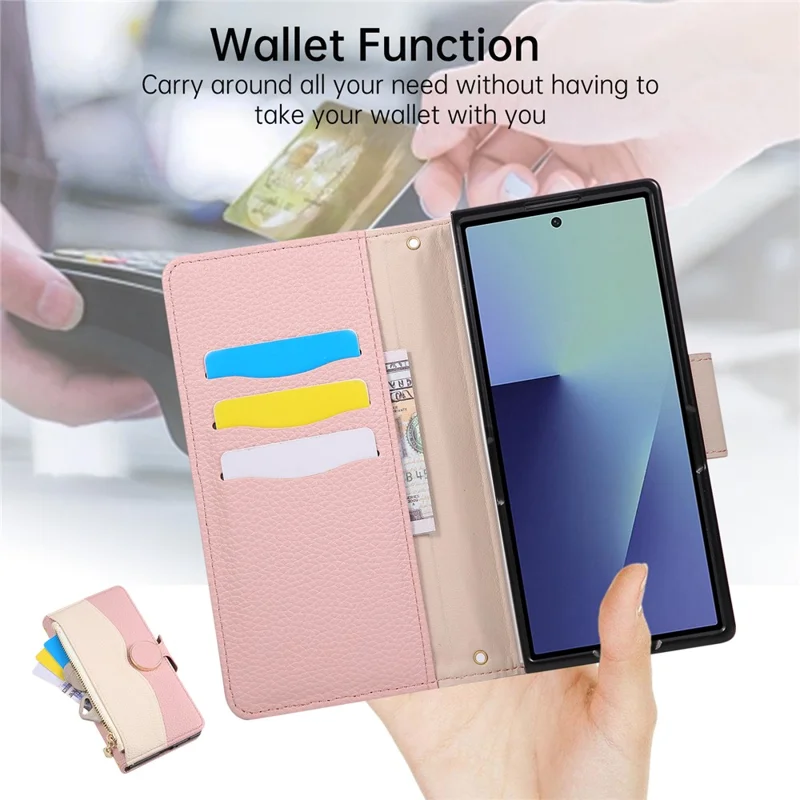 For Samsung Galaxy Z Fold6 5G Case Zipper Wallet Color Splicing TPU PU Leather Flip Phone Cover with Strap - Pink