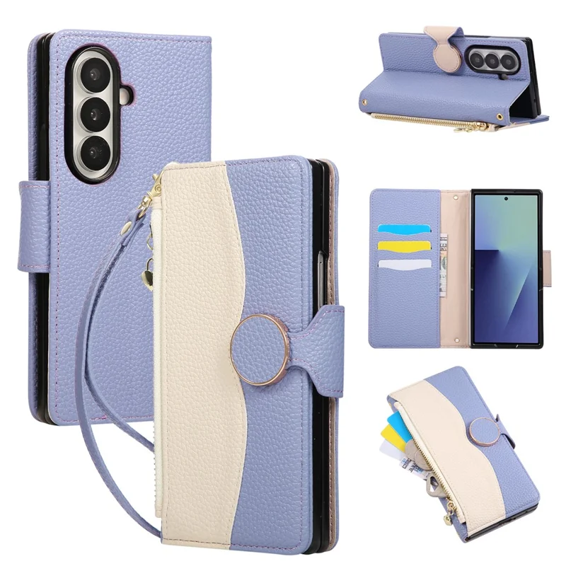 For Samsung Galaxy Z Fold6 5G Case Zipper Wallet Color Splicing TPU PU Leather Flip Phone Cover with Strap - Purple