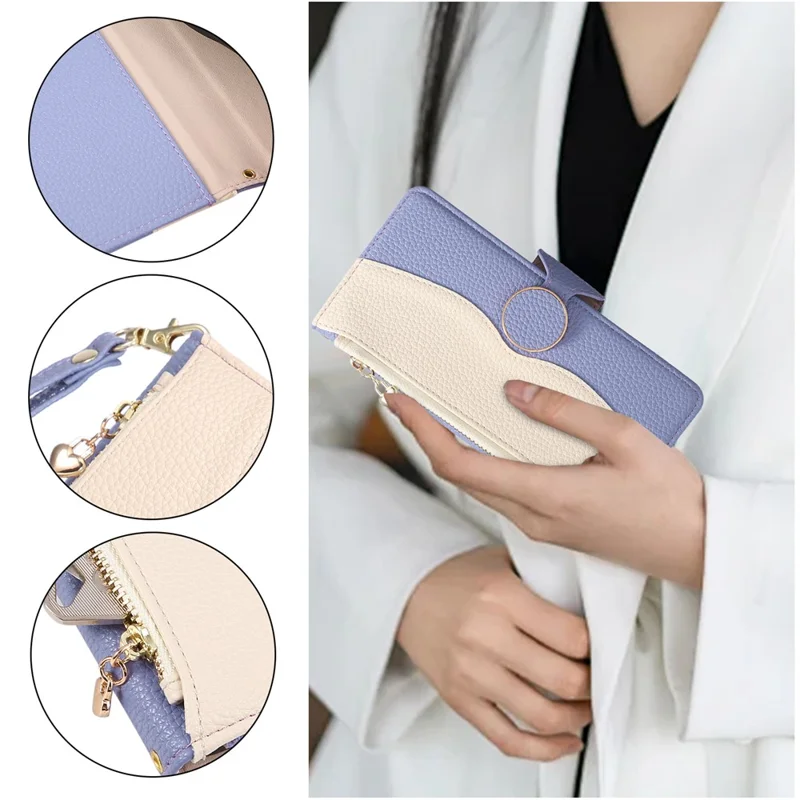 For Samsung Galaxy Z Fold6 5G Case Zipper Wallet Color Splicing TPU PU Leather Flip Phone Cover with Strap - Purple