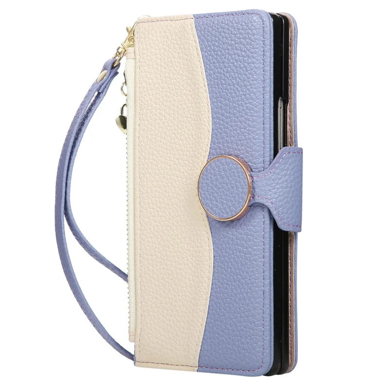 For Samsung Galaxy Z Fold6 5G Case Zipper Wallet Color Splicing TPU PU Leather Flip Phone Cover with Strap - Purple