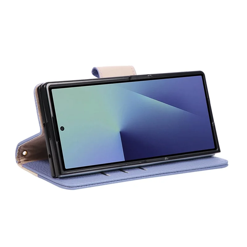 For Samsung Galaxy Z Fold6 5G Case Zipper Wallet Color Splicing TPU PU Leather Flip Phone Cover with Strap - Purple