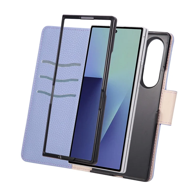 For Samsung Galaxy Z Fold6 5G Case Zipper Wallet Color Splicing TPU PU Leather Flip Phone Cover with Strap - Purple