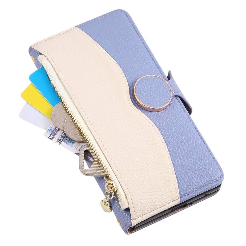 For Samsung Galaxy Z Fold6 5G Case Zipper Wallet Color Splicing TPU PU Leather Flip Phone Cover with Strap - Purple