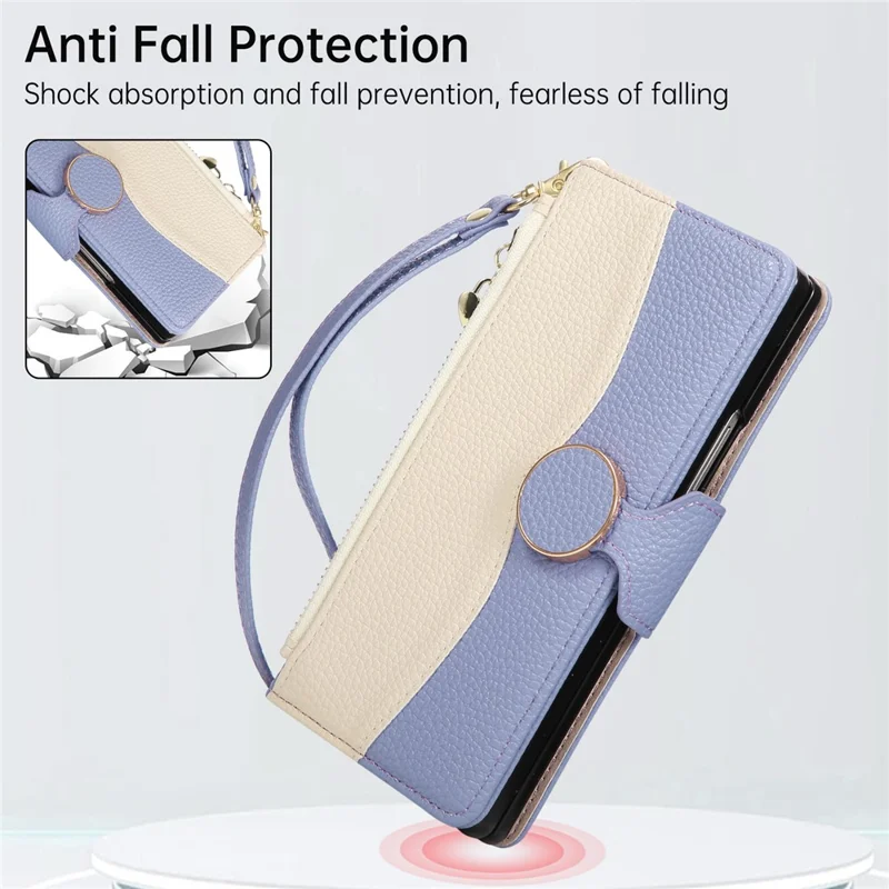 For Samsung Galaxy Z Fold6 5G Case Zipper Wallet Color Splicing TPU PU Leather Flip Phone Cover with Strap - Purple