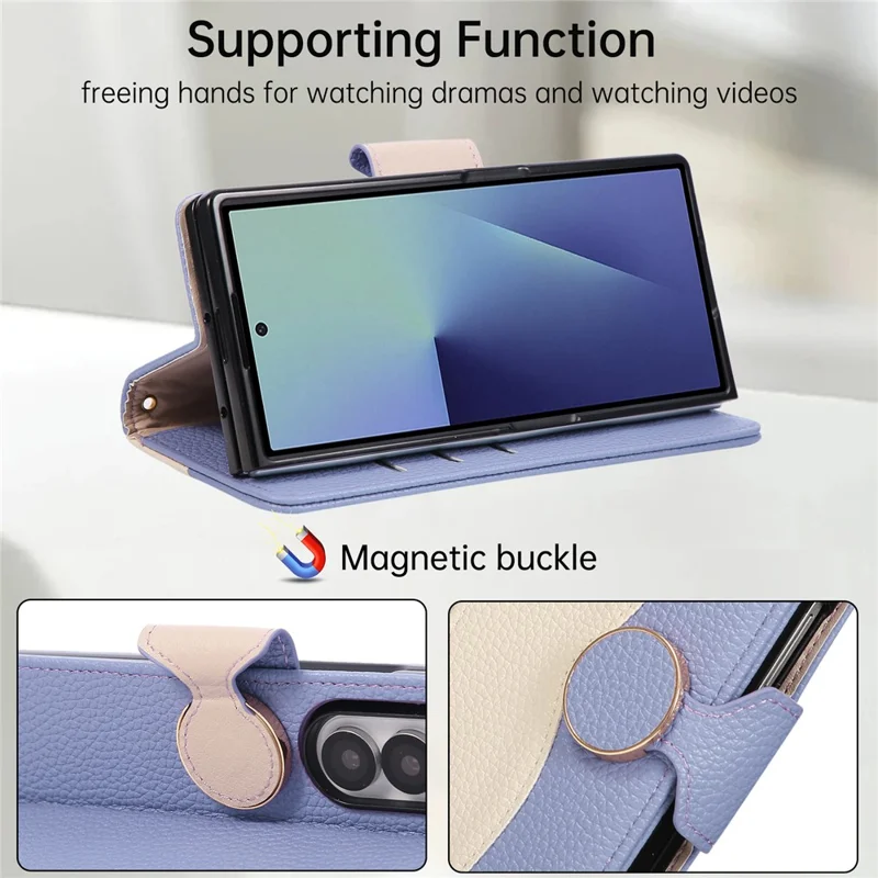 For Samsung Galaxy Z Fold6 5G Case Zipper Wallet Color Splicing TPU PU Leather Flip Phone Cover with Strap - Purple