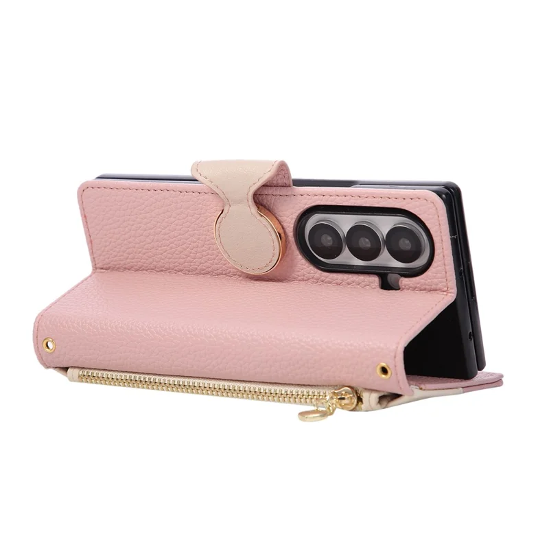 For Samsung Galaxy Z Fold5 5G Case Zipper Wallet Color Splicing TPU PU Leather Flip Phone Cover with Strap - Pink