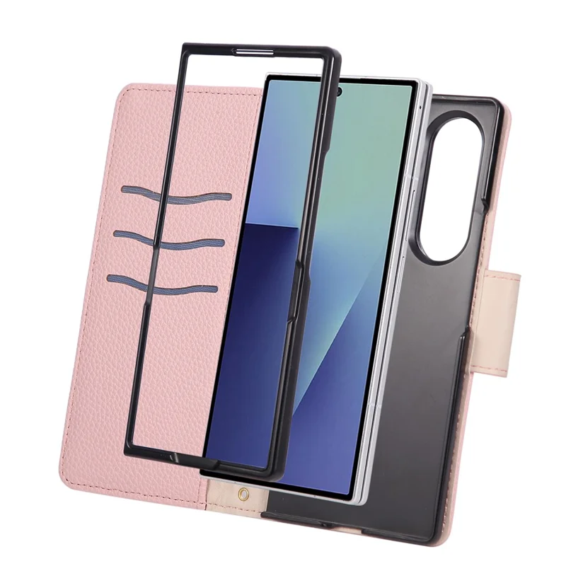 For Samsung Galaxy Z Fold5 5G Case Zipper Wallet Color Splicing TPU PU Leather Flip Phone Cover with Strap - Pink