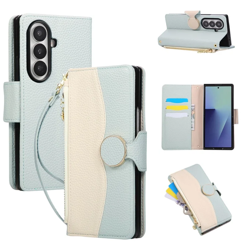 For Samsung Galaxy Z Fold5 5G Case Zipper Wallet Color Splicing TPU PU Leather Flip Phone Cover with Strap - Green