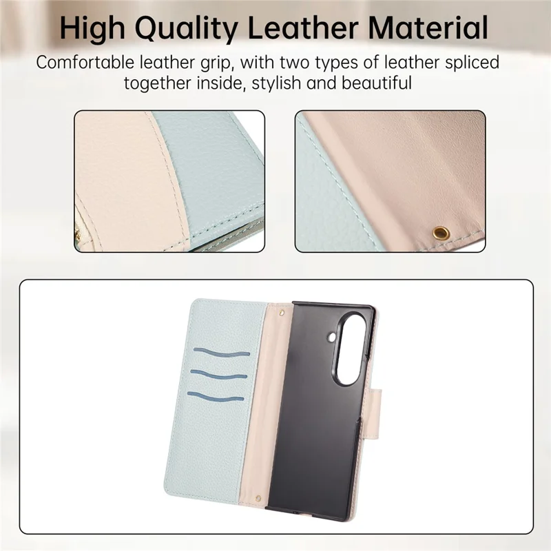 For Samsung Galaxy Z Fold5 5G Case Zipper Wallet Color Splicing TPU PU Leather Flip Phone Cover with Strap - Green
