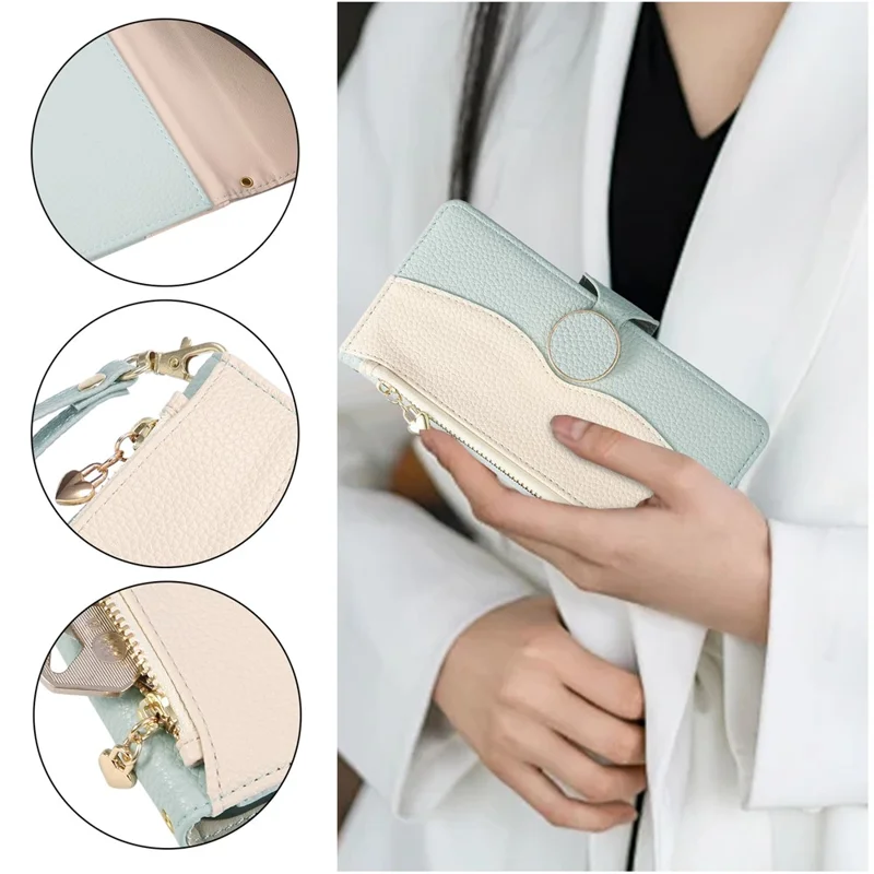 For Samsung Galaxy Z Fold5 5G Case Zipper Wallet Color Splicing TPU PU Leather Flip Phone Cover with Strap - Green