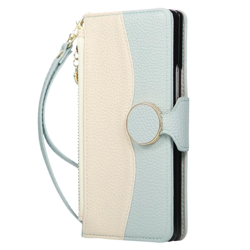For Samsung Galaxy Z Fold5 5G Case Zipper Wallet Color Splicing TPU PU Leather Flip Phone Cover with Strap - Green