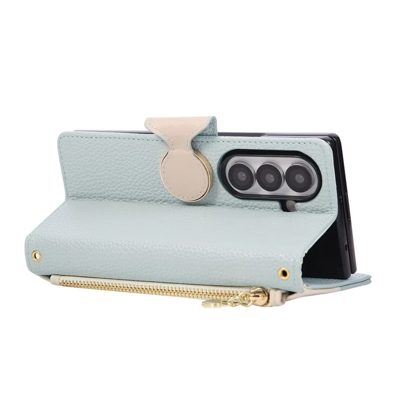 For Samsung Galaxy Z Fold5 5G Case Zipper Wallet Color Splicing TPU PU Leather Flip Phone Cover with Strap - Green