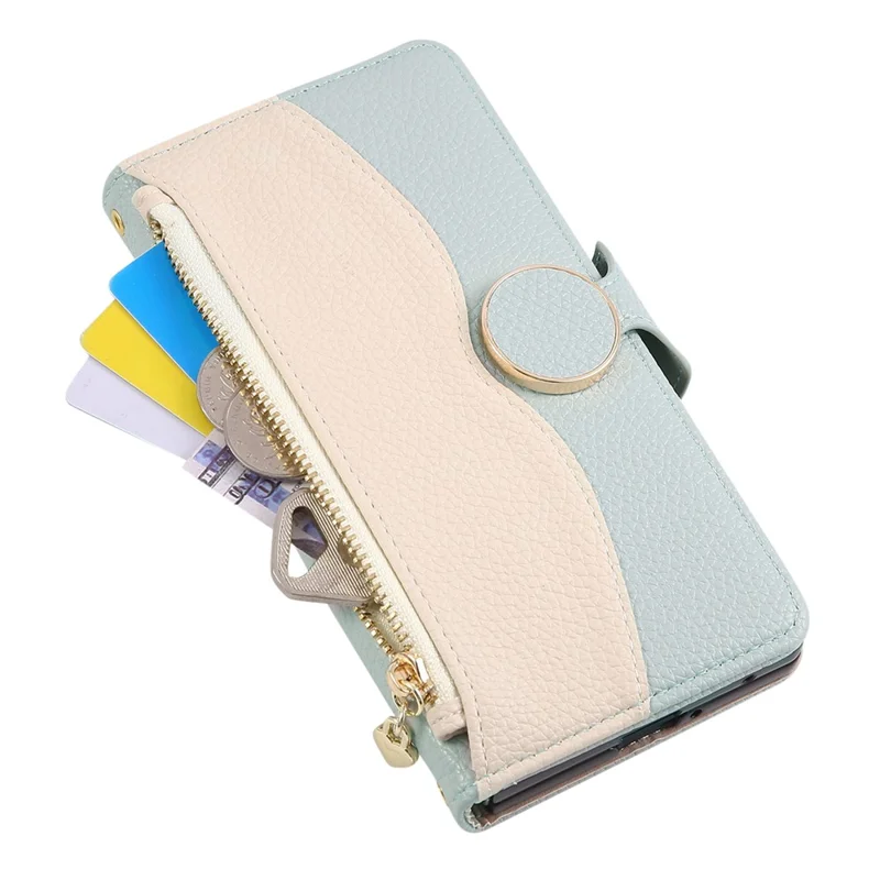 For Samsung Galaxy Z Fold5 5G Case Zipper Wallet Color Splicing TPU PU Leather Flip Phone Cover with Strap - Green